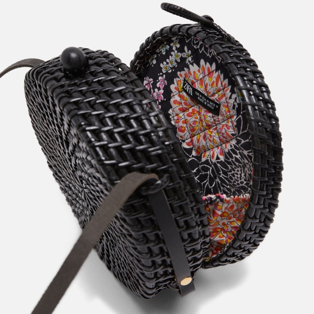 Zara Black Woven Round Crossbody Bag with Floral Lining